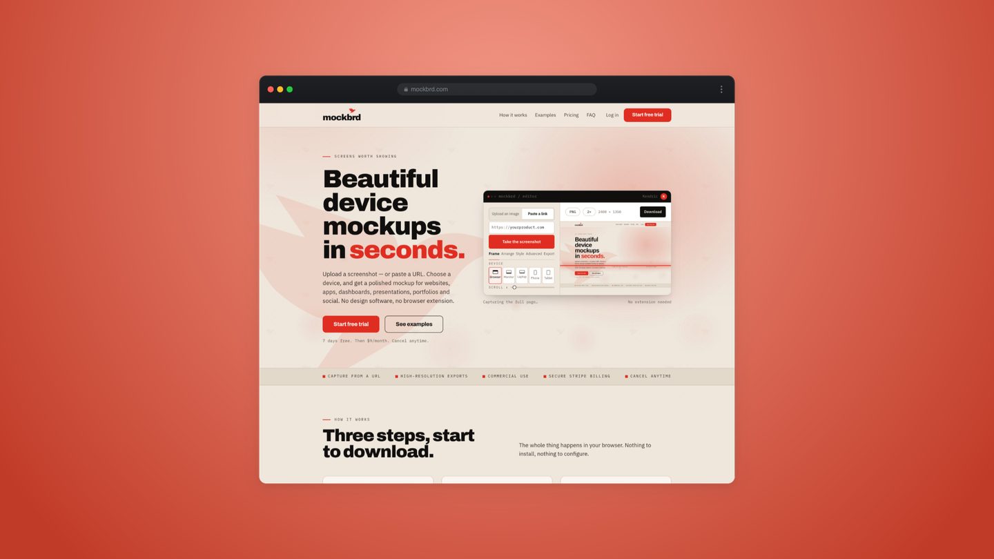 A website captured from its address and framed in a browser mockup on a red background