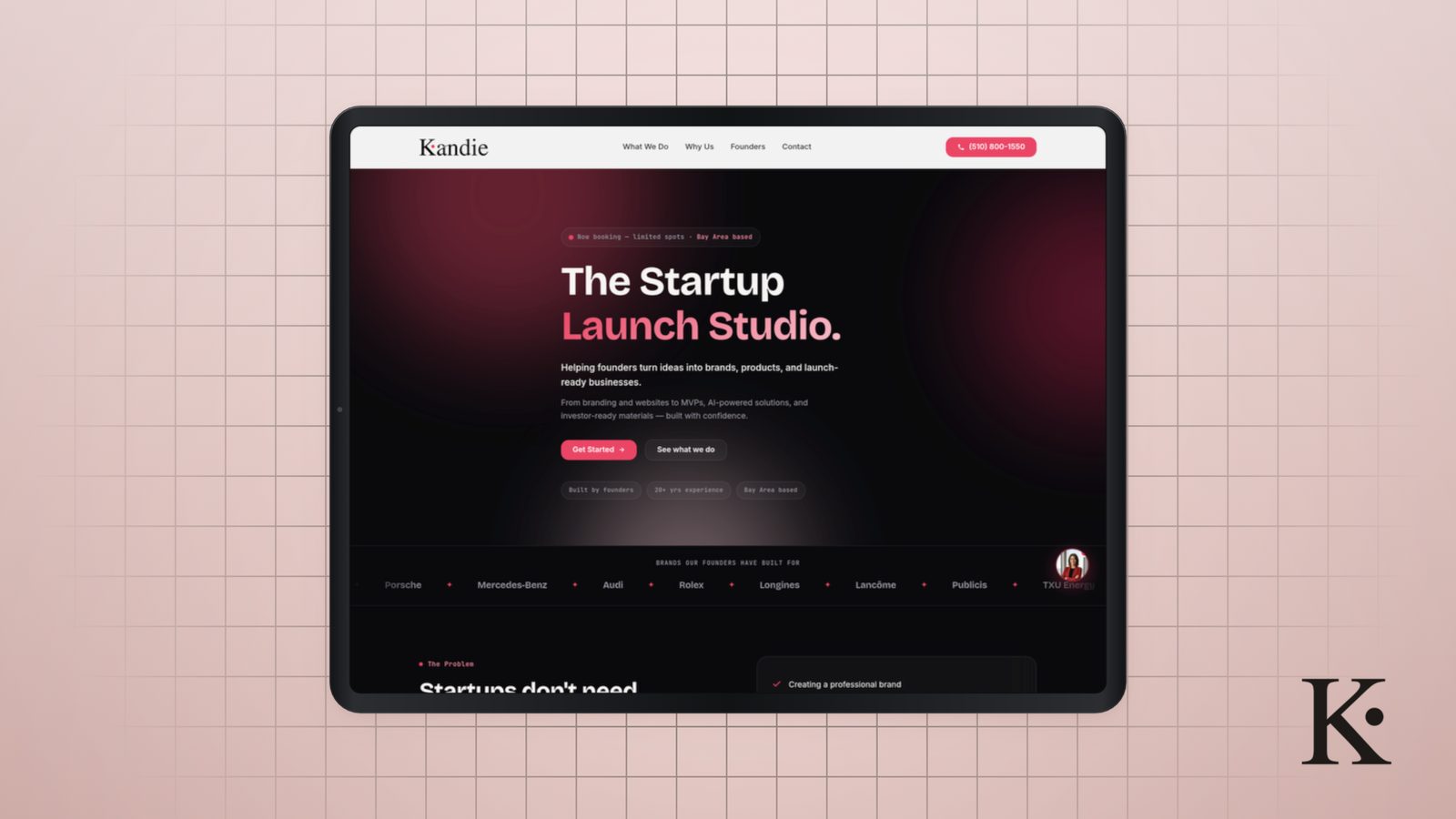 A client site shown full-bleed on a single tablet, on a blush drafting grid