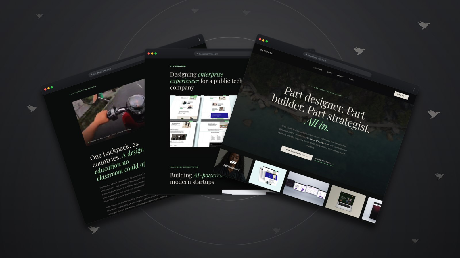 A portfolio site shown as three browser windows cascading forward on a near-black ground scattered with the mockbrd mark, the nearest one full size