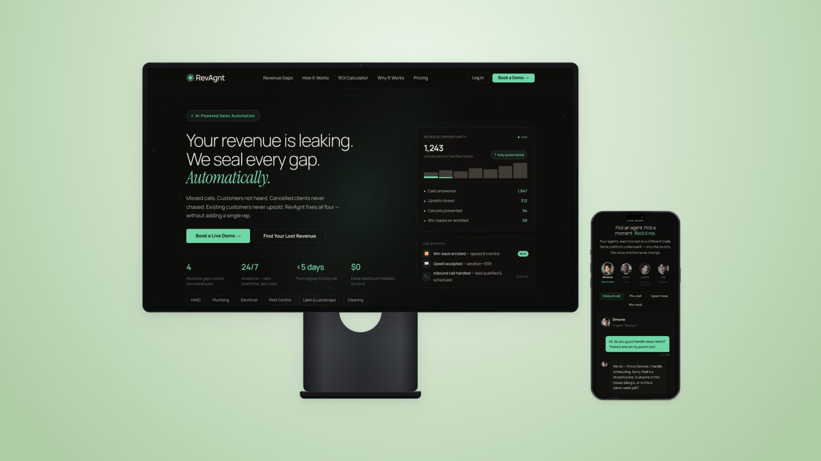 A SaaS product page in a browser frame with the same page on a phone beside it, on sage green